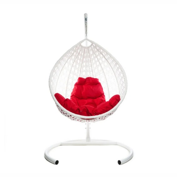 Комплект подвесное кресло Капля Люкс с ротангом белое, красная подушка #1 Комплект подвесное кресло Капля Люкс с ротангом белое, красная подушка #1