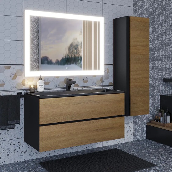 Тумба с раковиной для ванной подвесная Uperwood Barsa 100х45х57 см, черная/дуб сонома, раковина черный глянец #7