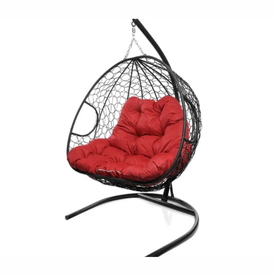 Подвесное кресло для двоих с ротангом черное, красная подушка #2