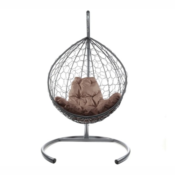 Комплект подвесное кресло Капля с ротангом серое, коричневая подушка #2
