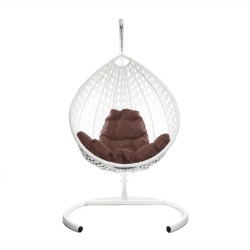 Комплект подвесное кресло Капля Люкс с ротангом белое, коричневая подушка