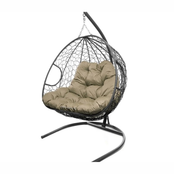 Подвесное кресло для двоих с ротангом серое, бежевая подушка #2