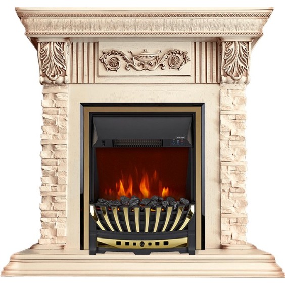 Каминокомплект Luxemburg (каменный) - Сланец/Cлоновая кость с патиной с очагом Aspen Gold #1