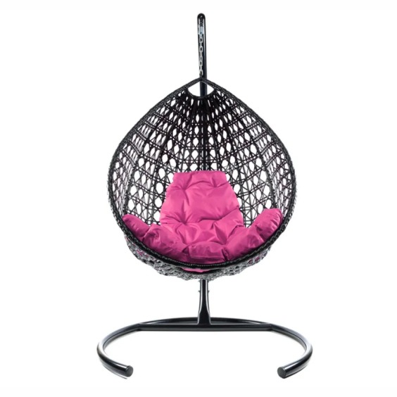 Комплект подвесное кресло Капля Люкс с ротангом черное, розовая подушка #1