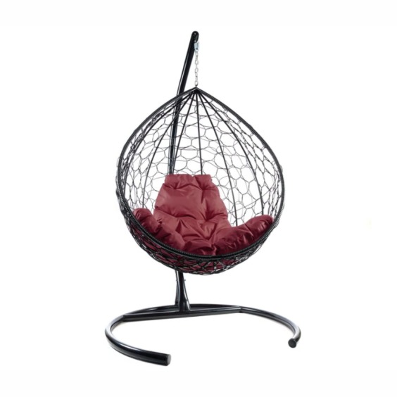 Комплект подвесное кресло Капля с ротангом черное, бордовая подушка #2