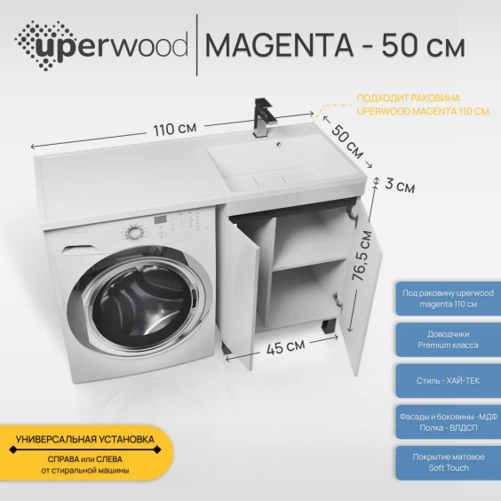 Тумба под стиральную машину напольная Uperwood Magenta 45х50х76,5 см, белая/графит, с дверцами #3