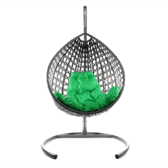 Комплект подвесное кресло Капля Люкс с ротангом серое, зеленая подушка #1