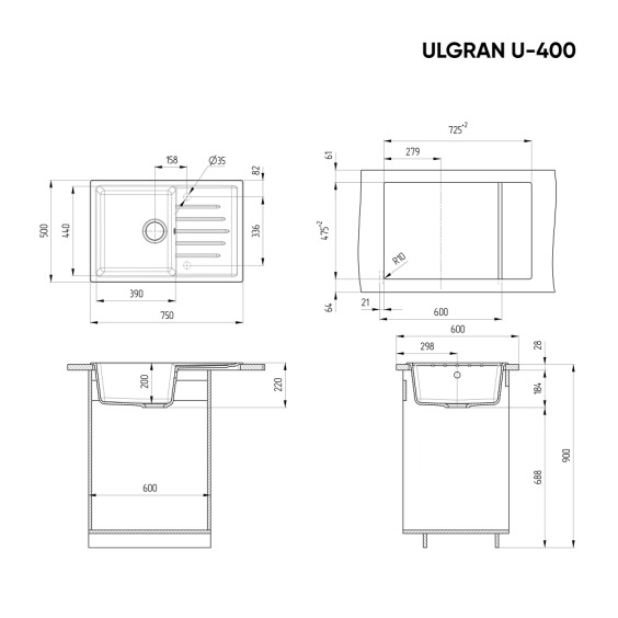 Мойка для кухни из искусственного камня Ulgran U-400-310, серый #3