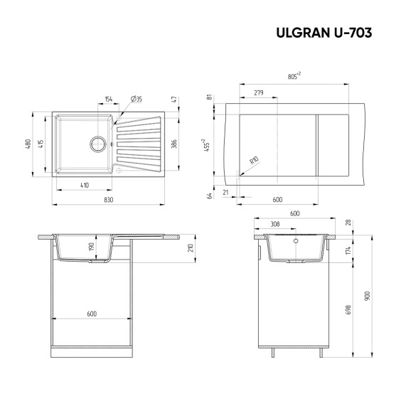 Мойка для кухни из искусственного камня Ulgran U-703-341, ультра-белый #2
