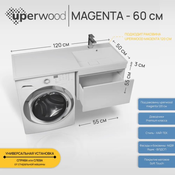Тумба под стиральную машину подвесная Uperwood Magenta 55х50х55 см, белая, выдвижной ящик #3