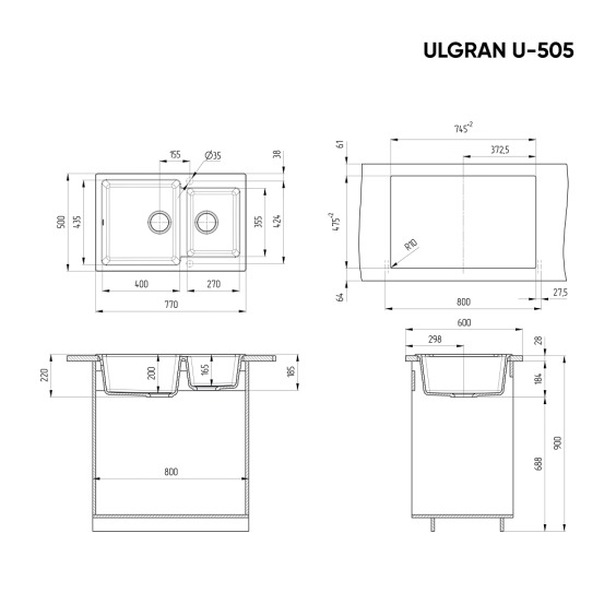 Мойка для кухни из искусственного камня Ulgran U-505-308, черный #2
