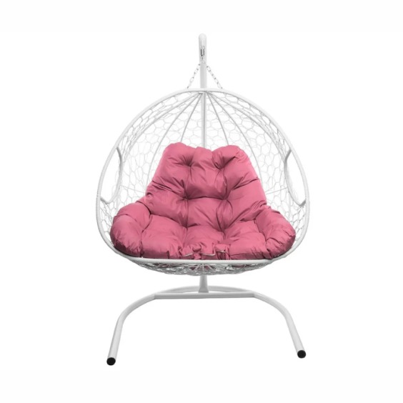Подвесное кресло для двоих с ротангом белое, розовая подушка #1