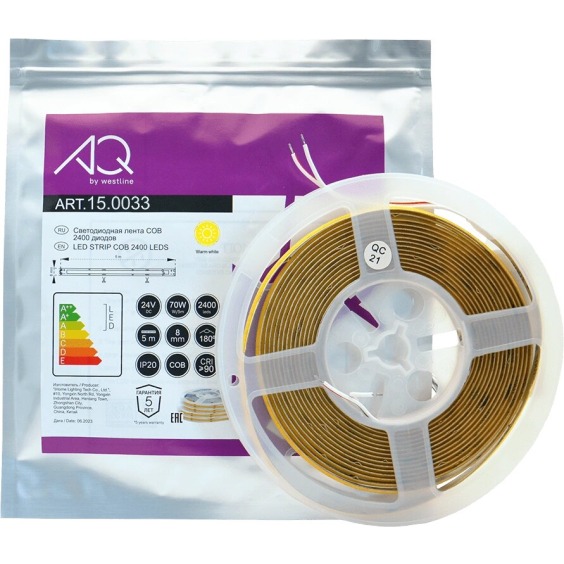 Лента светодиодная AQ Led-Line COB, 480 LED/м 24V 14W/м 8 мм IP20 Теплый белый 2800-3200 К, 5 м (15.0033) #3