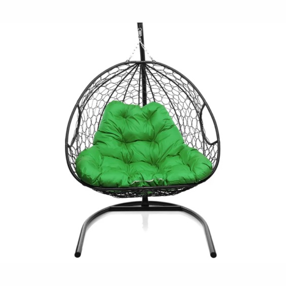 Подвесное кресло для двоих с ротангом черное, зеленая подушка #1