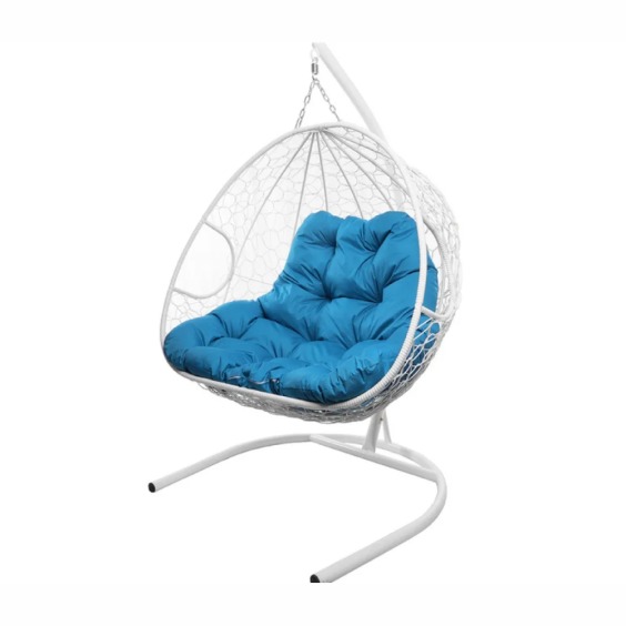 Подвесное кресло для двоих с ротангом белое, голубая подушка #2 Подвесное кресло для двоих с ротангом белое, голубая подушка #2