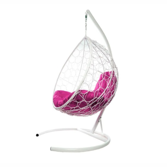 Комплект подвесное кресло Капля с ротангом белое, розовая подушка #1
