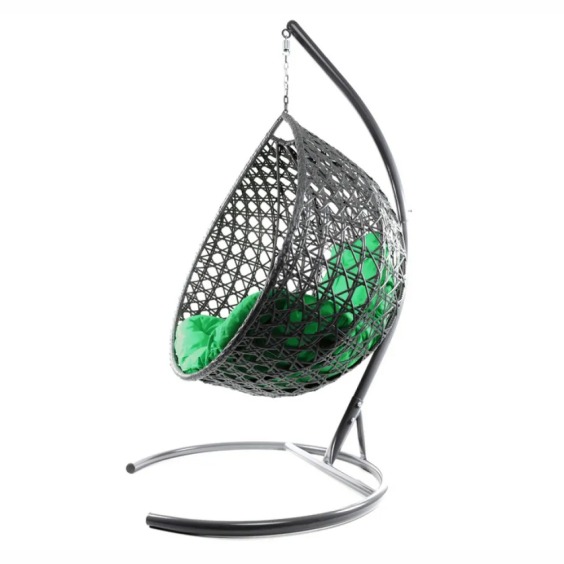 Комплект подвесное кресло Капля Люкс с ротангом серое, зеленая подушка #2