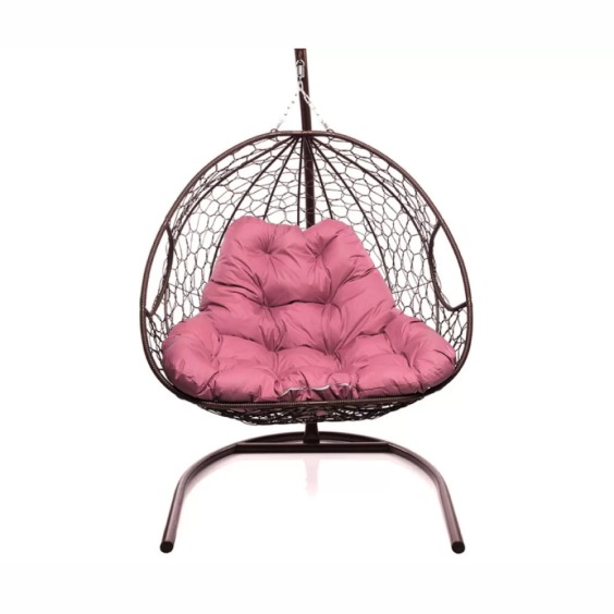 Подвесное кресло для двоих с ротангом коричневое, розовая подушка #1