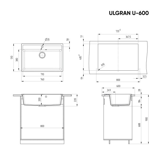 Мойка для кухни из искусственного камня Ulgran U-600-345, шоколад #2