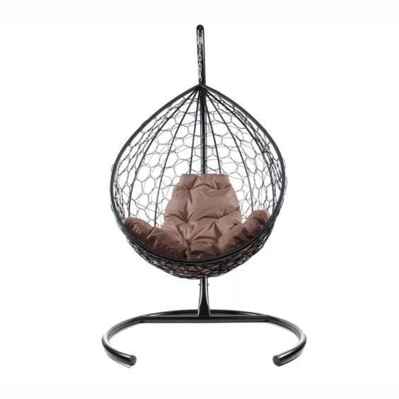 Комплект подвесное кресло Капля с ротангом черное, коричневая подушка #1
