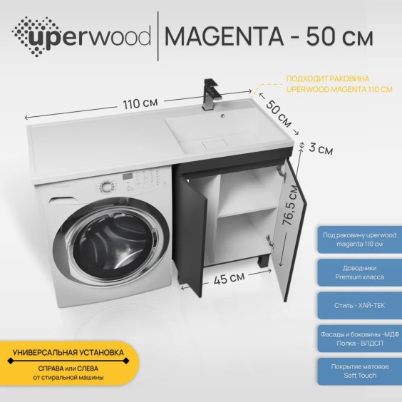 Тумба под стиральную машину напольная Uperwood Magenta 45х50х76,5 см, черная, с дверцами #3