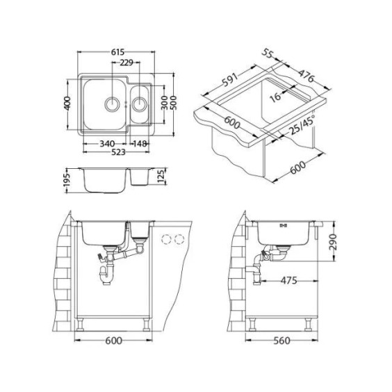 Alveus Line Maxim 50 SAT-90 610X500 1+1/2 кухонная мойка 1085946 #2