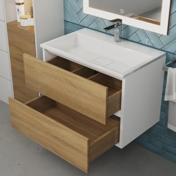 Тумба с раковиной для ванной подвесная Uperwood Barsa 70х45х57 см, белая/дуб сонома, раковина белый глянец #9