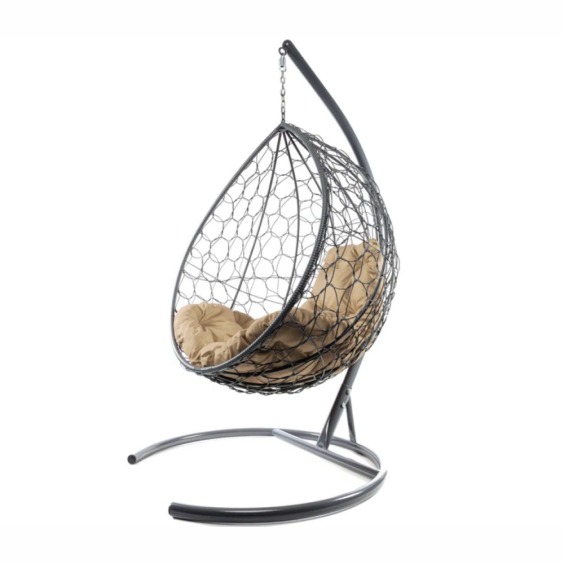 Комплект подвесное кресло Капля с ротангом серое, бежевая подушка #1
