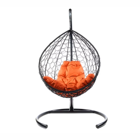Комплект подвесное кресло Капля с ротангом черное, оранжевая подушка #1