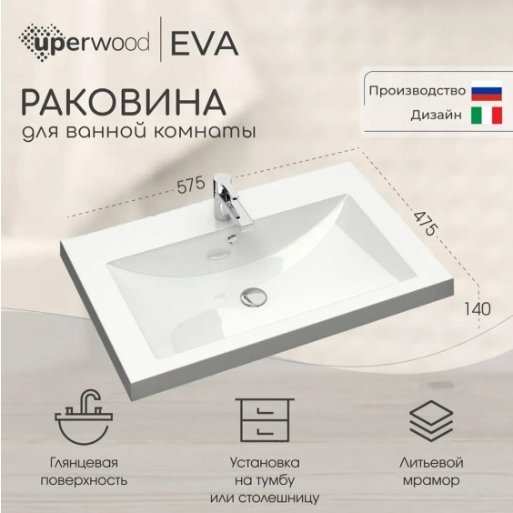 Раковина для ванной 60 см, Uperwood Eva, белая глянцевая #2