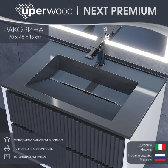 Раковина для ванной 70 см, Uperwood Next Premium, серая глянцевая #2
