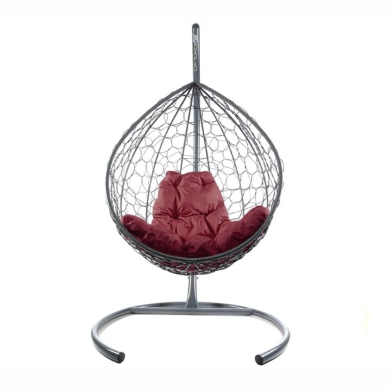 Комплект подвесное кресло Капля с ротангом серое, бордовая подушка #2
