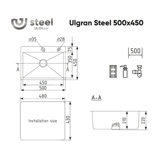 Мойка для кухни врезная стальная Ulgran Steel 50*45 см, черная брашированная сталь #4