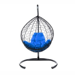 Комплект подвесное кресло Капля с ротангом черное, синяя подушка