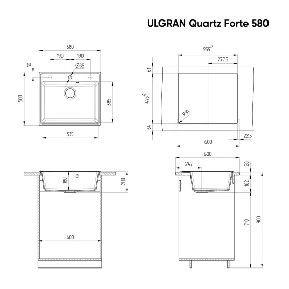 Мойка для кухни кварцевая Ulgran Quartz Forte 580-07, уголь #2
