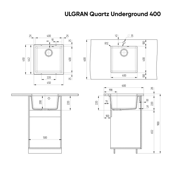 Мойка для кухни кварцевая Ulgran Quartz Underground 400-07, уголь #4