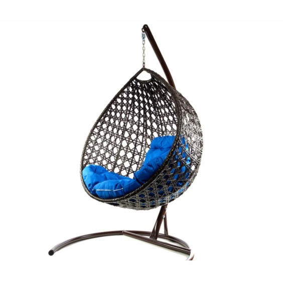 Комплект подвесное кресло Капля Люкс с ротангом коричневое, синяя подушка #2