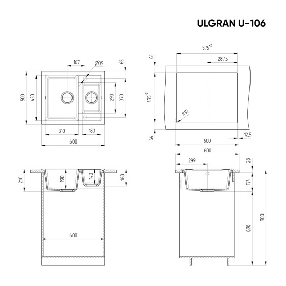 Мойка для кухни из искусственного камня Ulgran U-106-343, антрацит #2