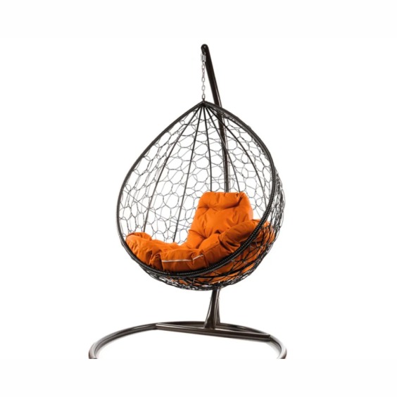 Комплект подвесное кресло Капля с ротангом коричневое, оранжевая подушка #1