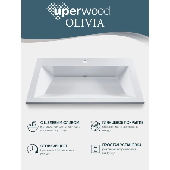 Раковина для ванной 80 см, Uperwood Olivia, с щелевым сливом, белая глянцевая #4