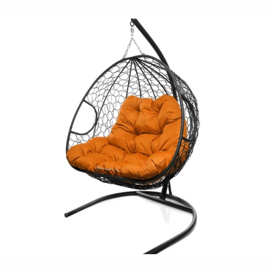 Подвесное кресло для двоих с ротангом черное, оранжевая подушка #2