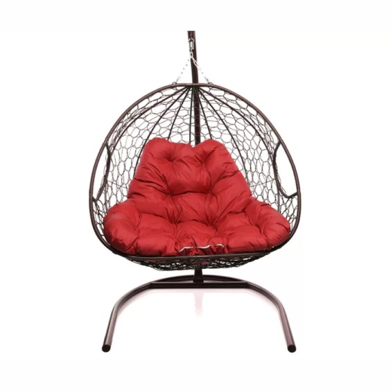 Подвесное кресло для двоих с ротангом коричневое, красная подушка #1