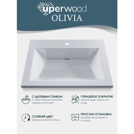 Раковина для ванной 60 см, Uperwood Olivia, с щелевым сливом, белая глянцевая #3