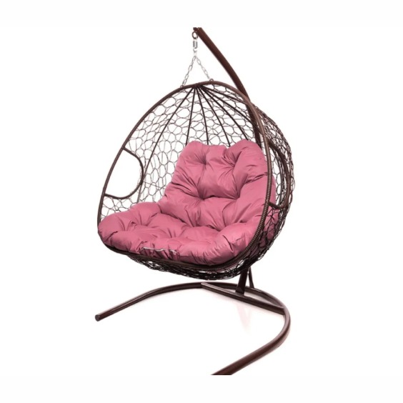 Подвесное кресло для двоих с ротангом коричневое, розовая подушка #2