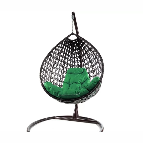 Комплект подвесное кресло Капля Люкс с ротангом коричневое, зеленая подушка #1