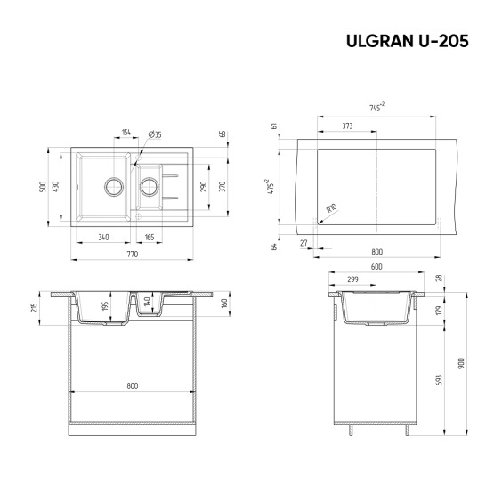 Мойка для кухни из искусственного камня Ulgran U-205-309, темно-серый #2