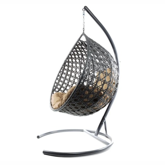Комплект подвесное кресло Капля Люкс с ротангом серое, бежевая подушка #2