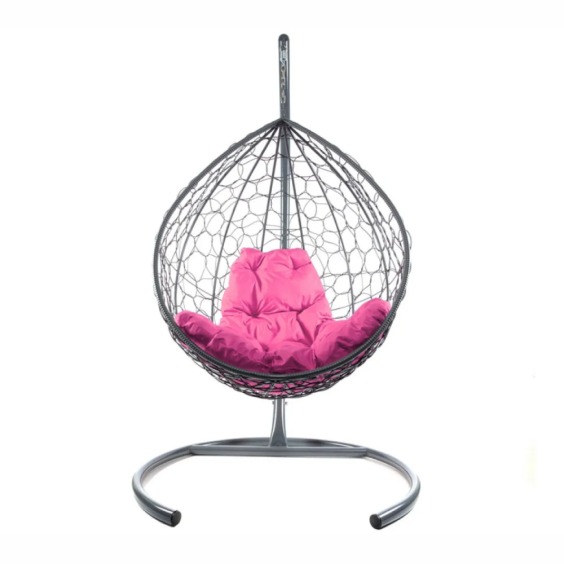 Комплект подвесное кресло Капля с ротангом серое, розовая подушка #2