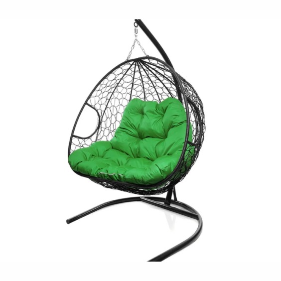 Подвесное кресло для двоих с ротангом черное, зеленая подушка #2