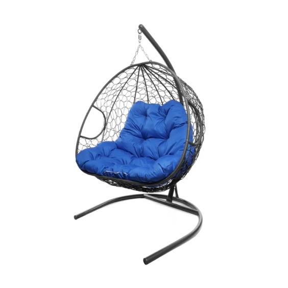 Подвесное кресло для двоих с ротангом серое, синяя подушка #2 Подвесное кресло для двоих с ротангом серое, синяя подушка #2